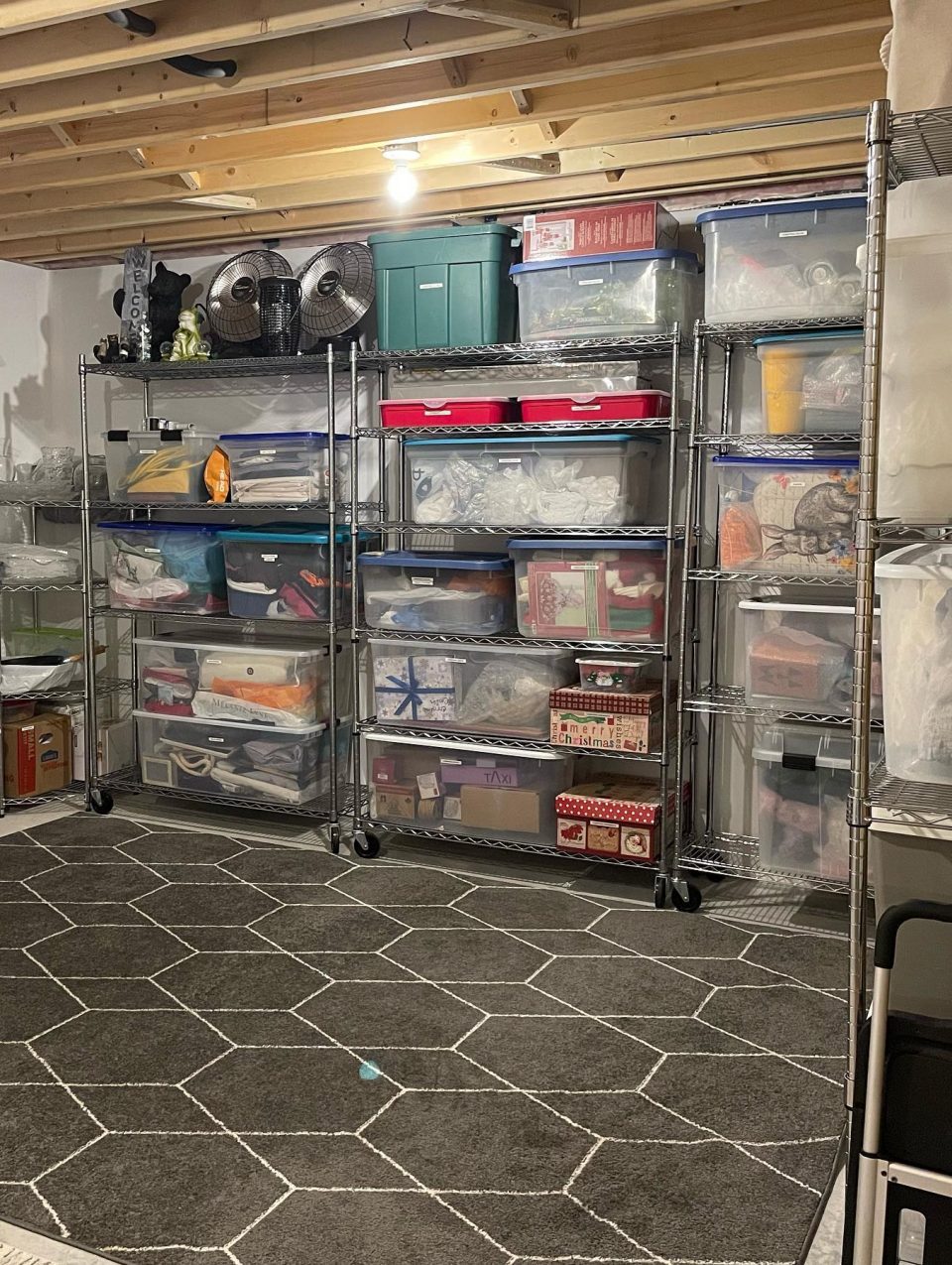 Storage Room After - everything is grouped together with other like-items. The clear tote bins help to make items quickly identifiable.
