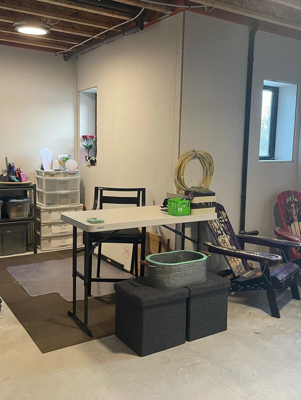 Once things were organized we were able to make dedicated areas for storage, relaxation, crafting and exercising!